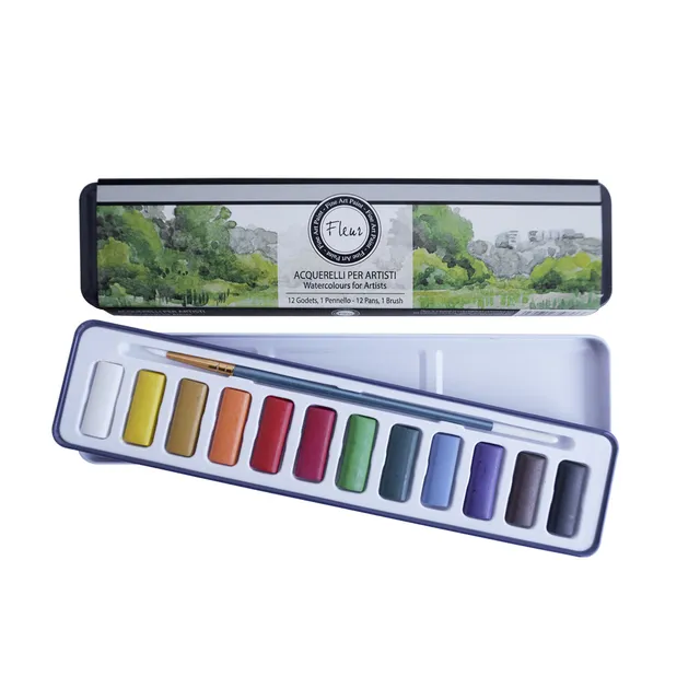 fleur-artists-aquarell-set-12-godets-pinsel-im-metallkasten image 1